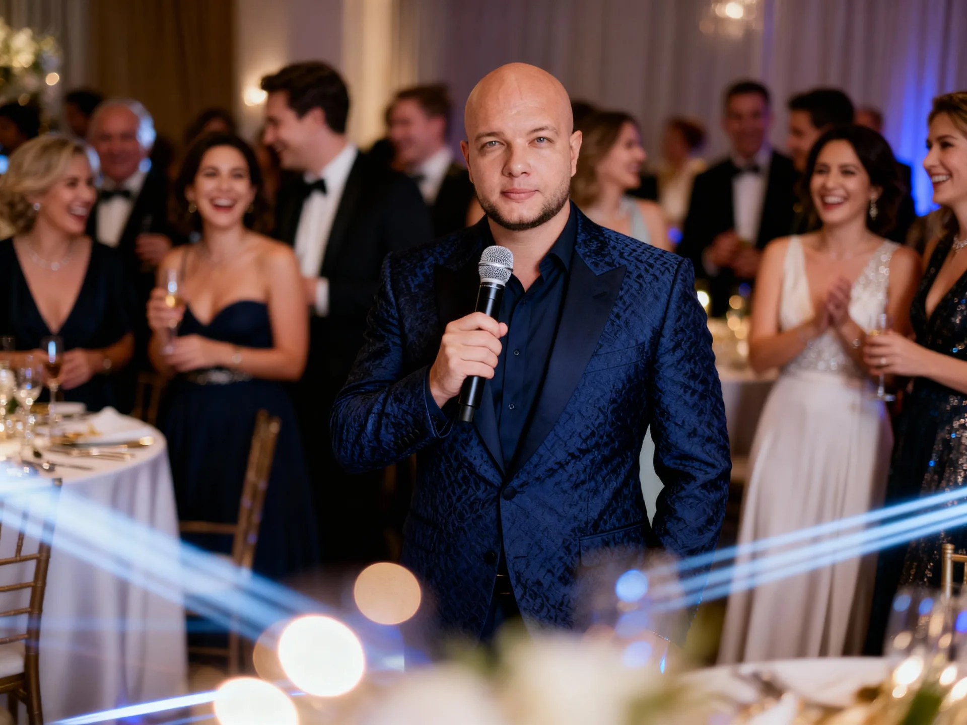 Ведущий делового мероприятия в синем пиджаке на сцене