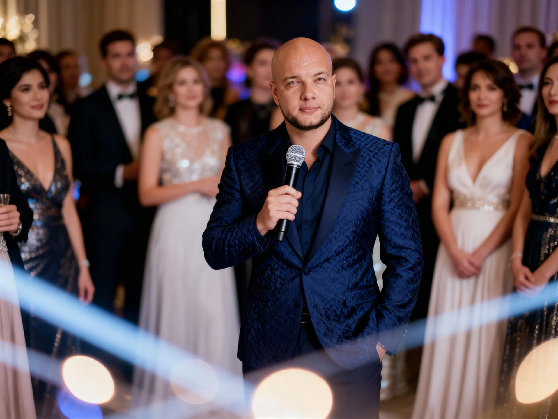 Ведущий работает с VIP-гостями на деловой конференции