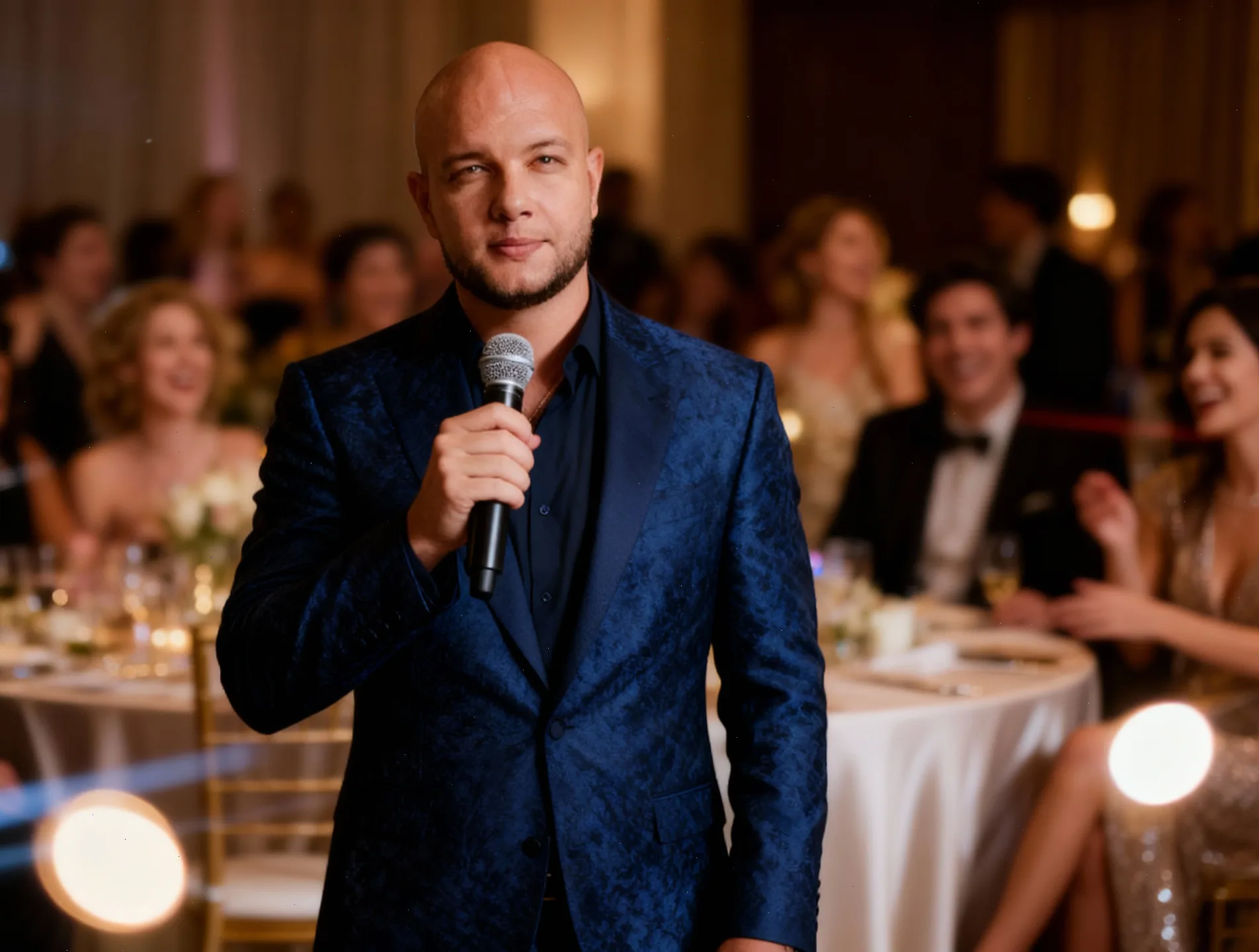 Ведущий на мужском торжестве в банкетном зале
