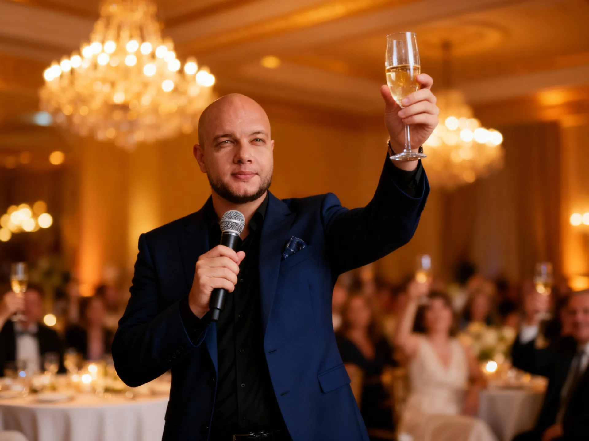 Гости произносят поздравительный тост с шампанским